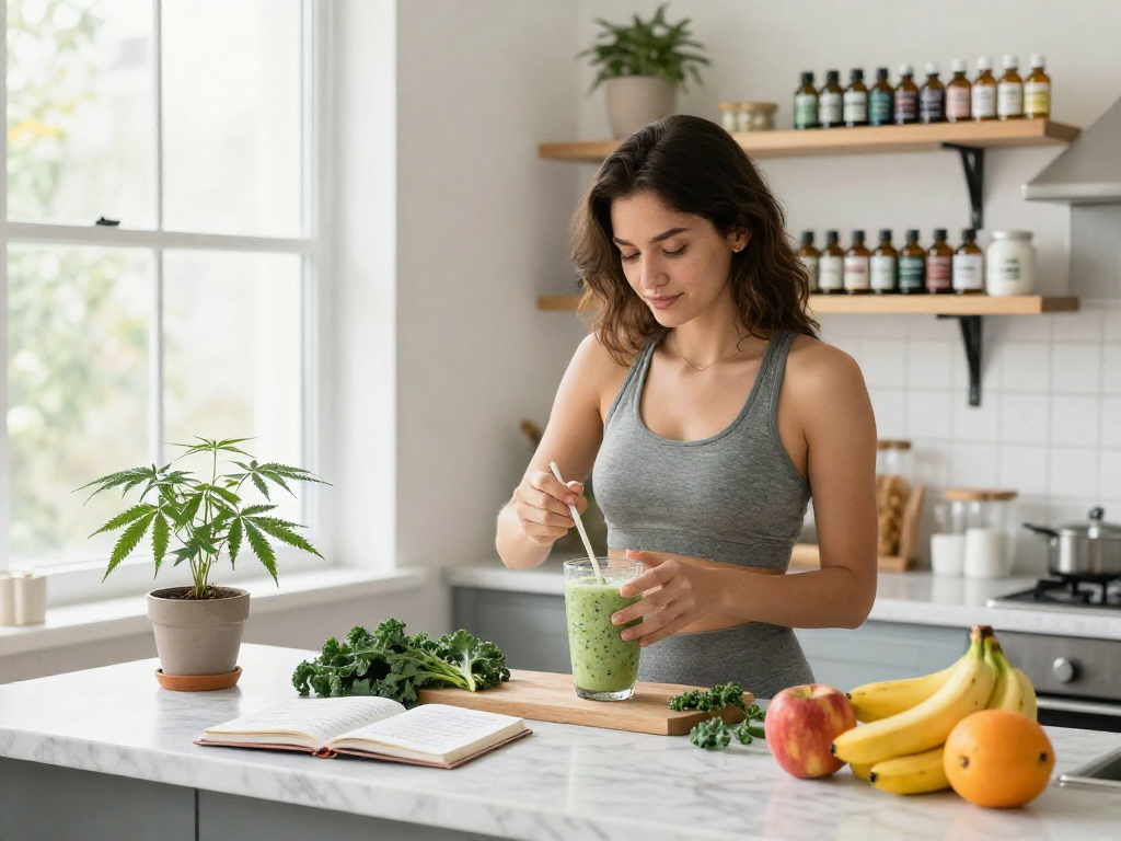 Nationwide online dispensary offering premium CBD oil and natural wellness products in a bright kitchen setup.