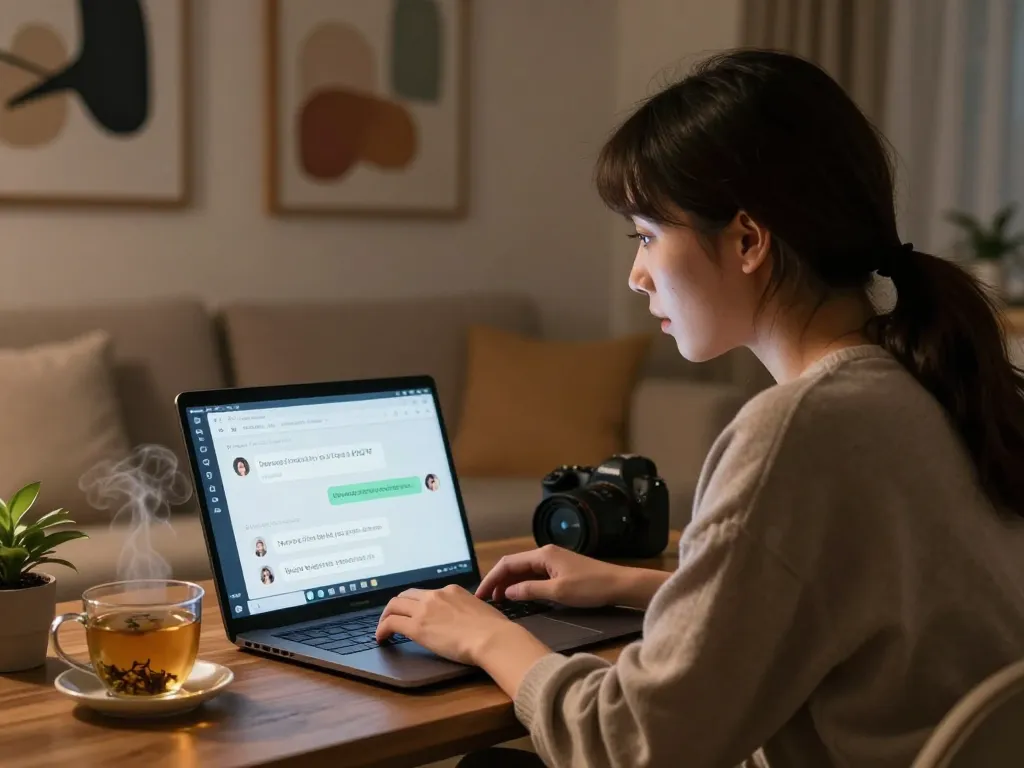 User engaged in NSFW AI character chat in cozy room with warm lighting and modern decor.