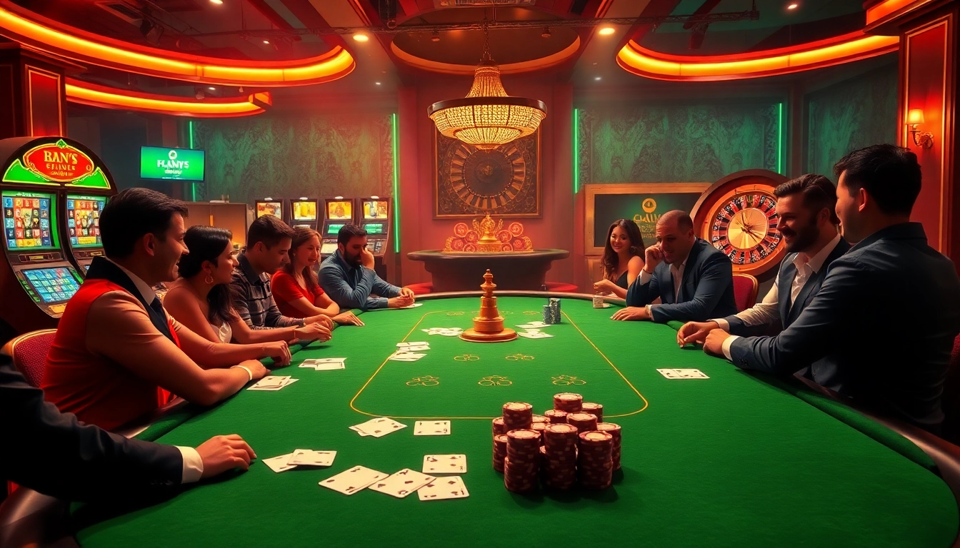 Engaged players enjoy a professional poker game at https://kk55.host/ casino, surrounded by vibrant slot machines.