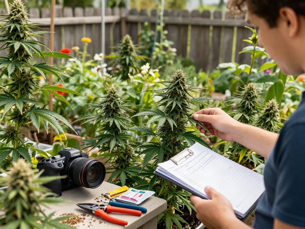 Grower examining CBD cannabis seeds in a vibrant outdoor garden.