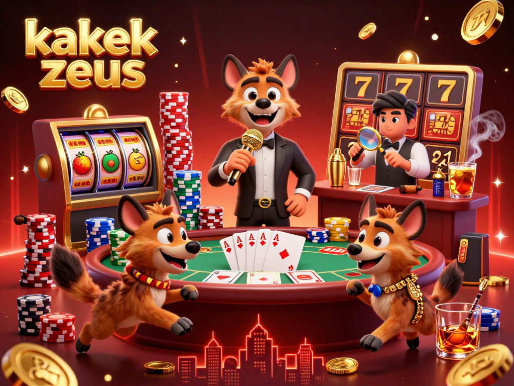 Experience the thrill of kakek zeus in a lively casino scene with hyenas, slot machines, and vibrant colors.