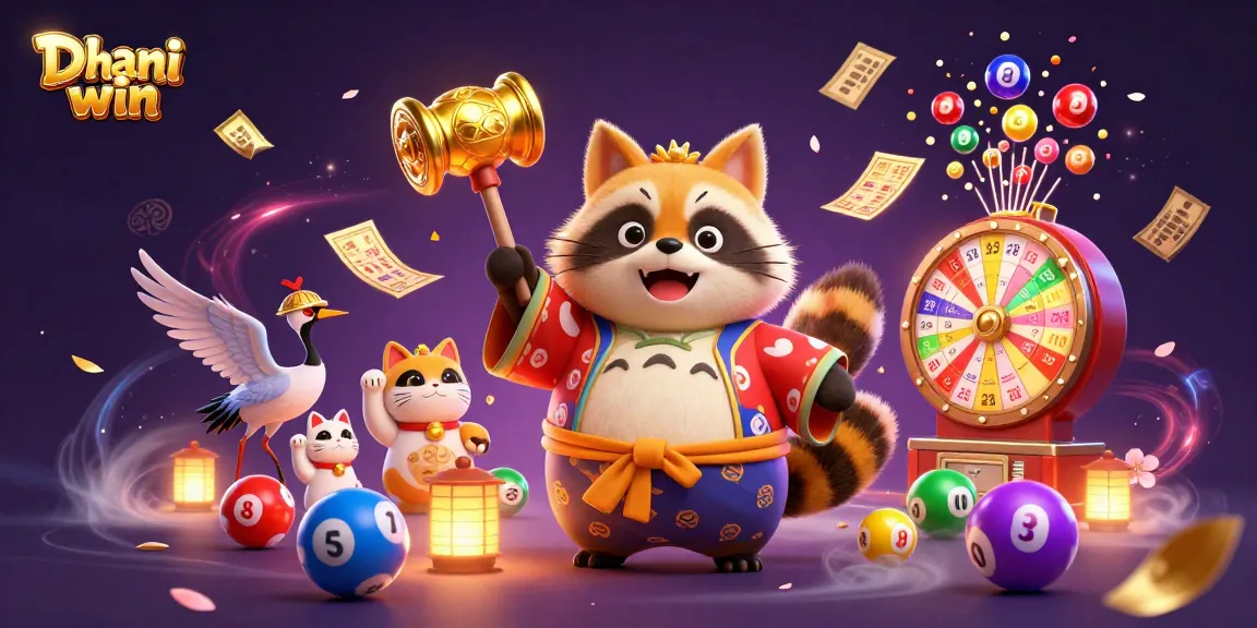 Dhani win platform showcases joyful characters with vibrant games and lottery elements, emphasizing exciting gameplay.