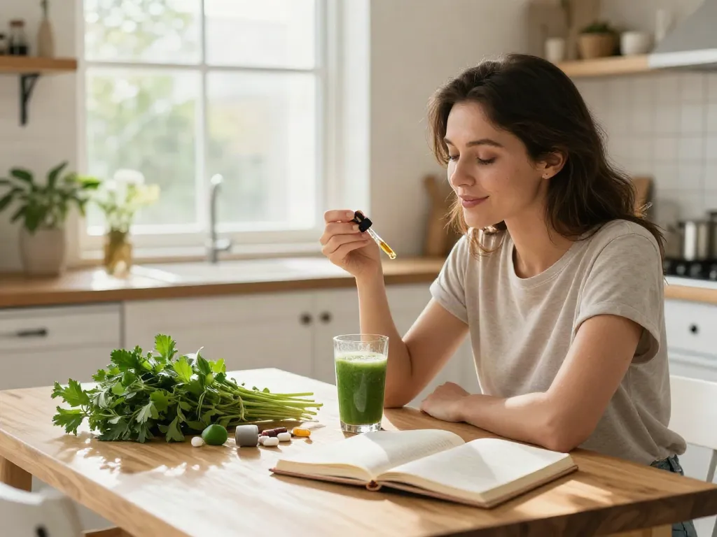 Dispensary that ships featuring CBD oil tincture amidst a natural wellness routine with herbs and supplements.