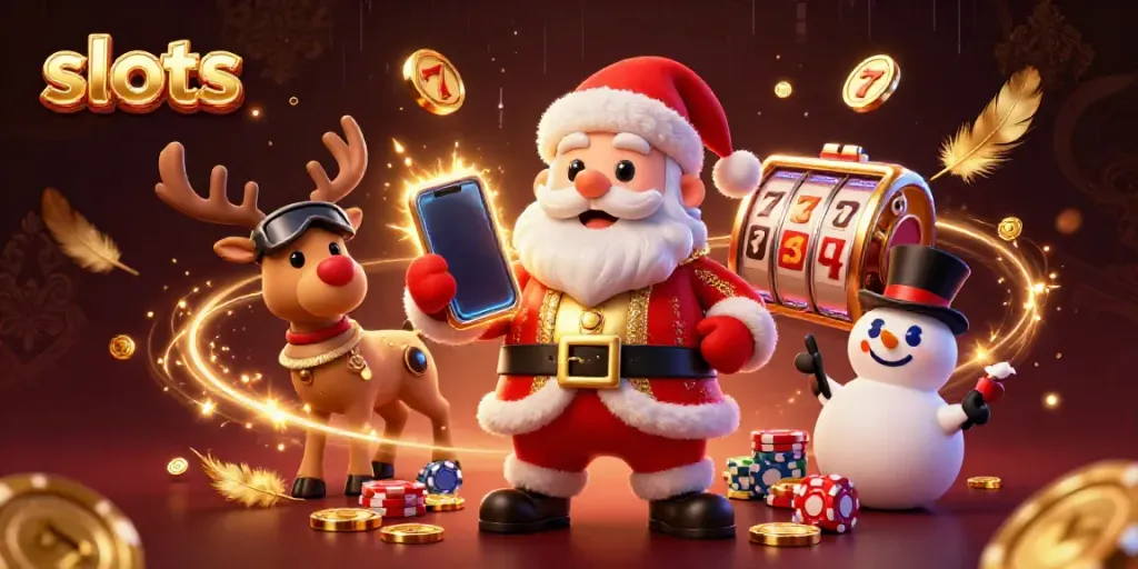 Santa Claus and friends showcasing exciting jackpot slots in a vibrant casino scene.
