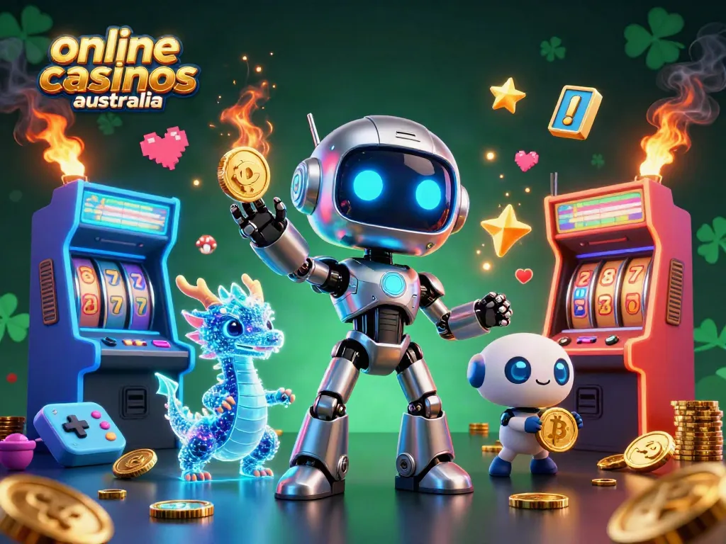 Experience thrilling gameplay at online casinos Australia with a vibrant 3D illustration of a cyberpunk robot and interactive gaming elements.