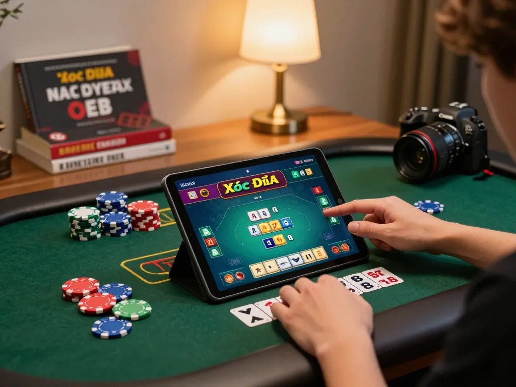 Xóc Đĩa gameplay in a comfortable home setting with a player focused on a tablet.