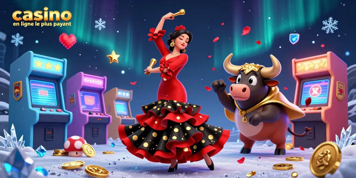 Découvrez une action vibrante au casino en ligne le plus payant, mettant en vedette une magnifique danseuse de flamenco et un taureau en cartoon.