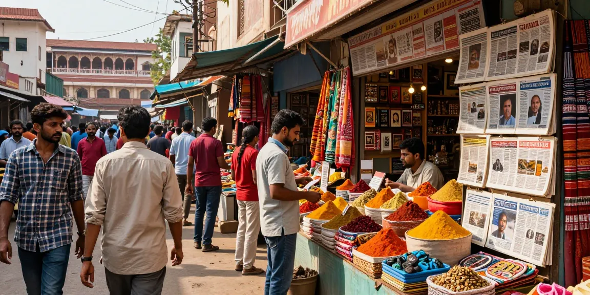 Engaging street scene showcasing the diverse culture of India, highlighting newsstand from https://www.theindaily.com featuring local headlines.